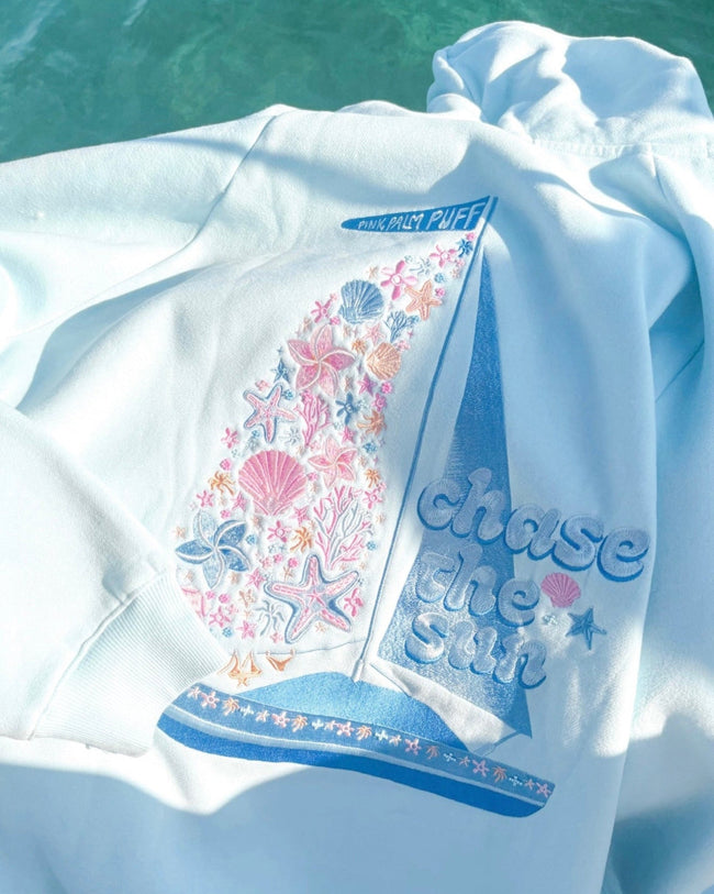 “Chase the Sun” Relaxed Hoodie in Sky Blue Hover Image