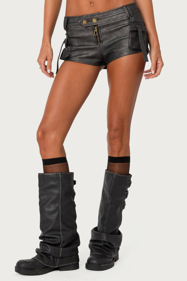 Washed Faux Leather Micro Cargo Shorts Main Image
