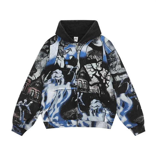 Foreign Trade Fashion Vale Retro Printed Coat High Street Trendy Casual Hip Hop Fashion Men's and Women's Hooded Cardigan Sweatshirt (2) Hover Image