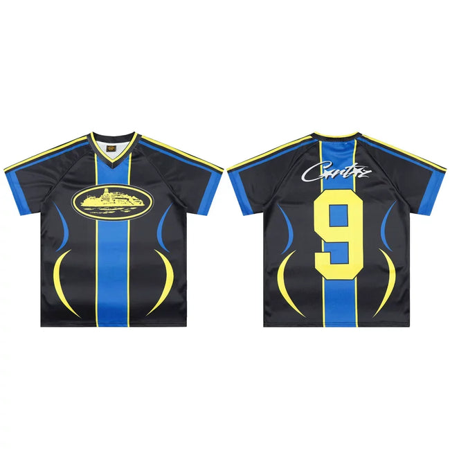 Corteiz Soccer Jersey T-Shirt - Black/Blue/Yellow Hover Image