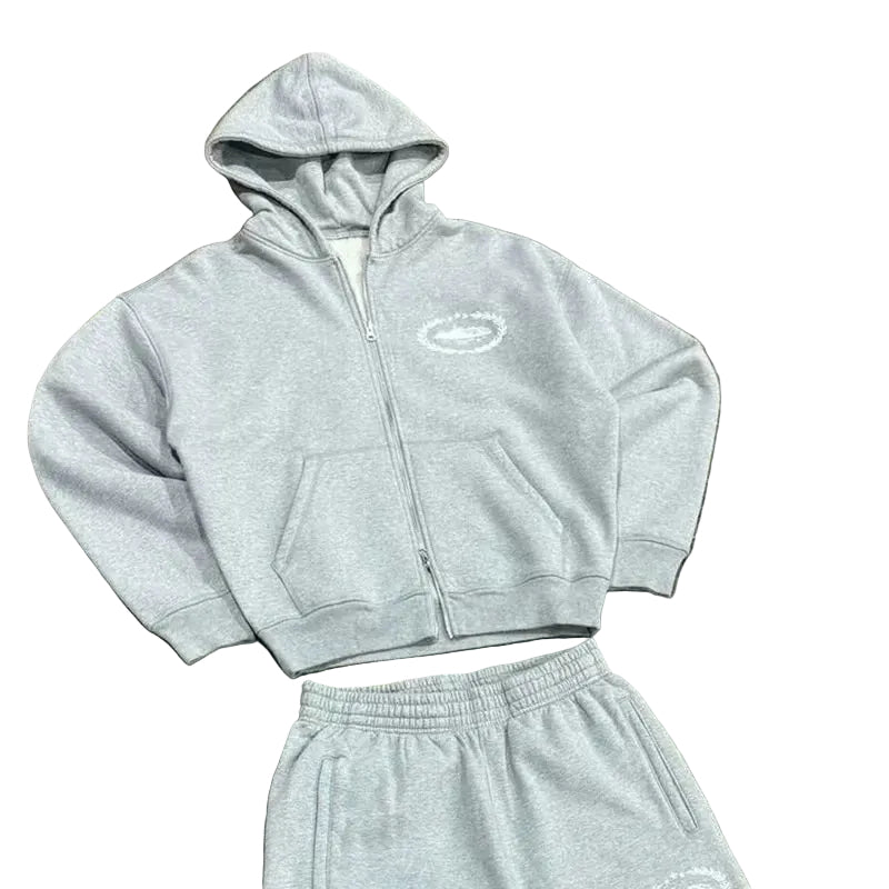 Corteiz Devil's Island Y2K zip knit hoodie set featuring European and American celebrities, hip-hop men's high street casual thick cotton pants trend (2)