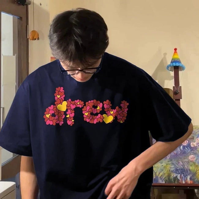 Drew House Heart Filled Logo Short Sleeve Tee, Navy Blue Hover Image