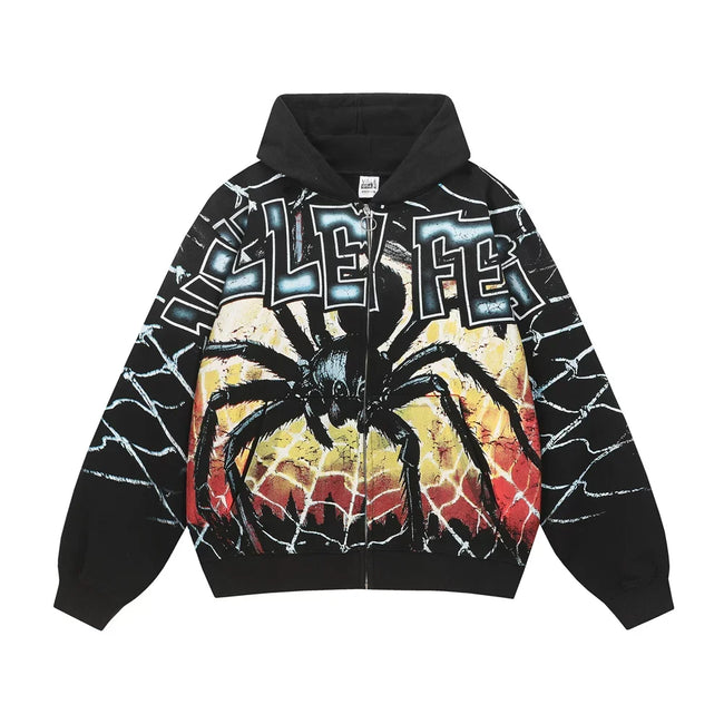 Foreign Trade Fashion Vale Retro Printed Coat High Street Trendy Casual Hip Hop Fashion Men's and Women's Hooded Cardigan Sweatshirt (1) Hover Image