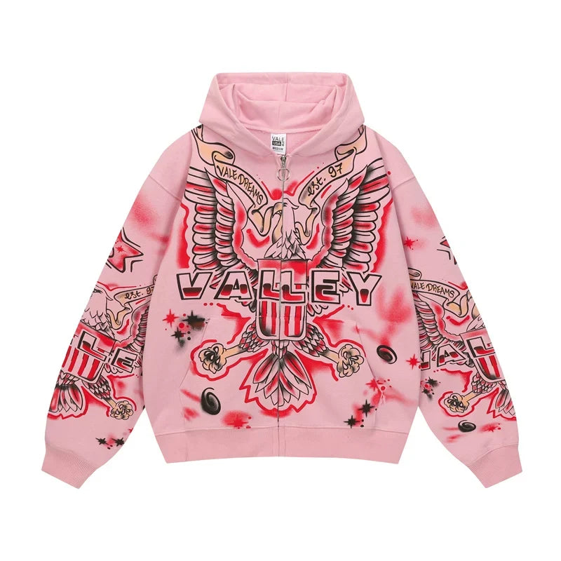 Foreign Trade Fashion Vale Retro Printed Coat High Street Trendy Casual Hip Hop Fashion Men's and Women's Hooded Cardigan Sweatshirt (4)