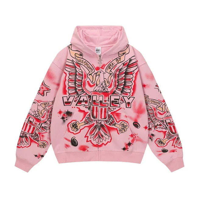 Foreign Trade Fashion Vale Retro Printed Coat High Street Trendy Casual Hip Hop Fashion Men's and Women's Hooded Cardigan Sweatshirt (4) Hover Image