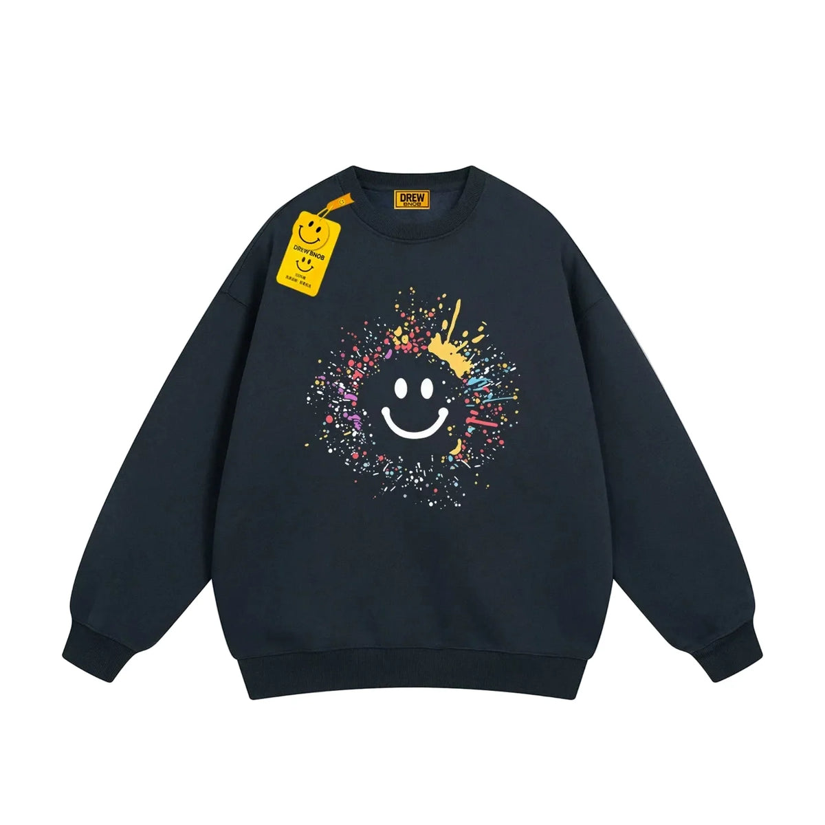 Drew Navy Paint-Splatter Smiley Relaxed-Fit Crewneck Sweatshirt
