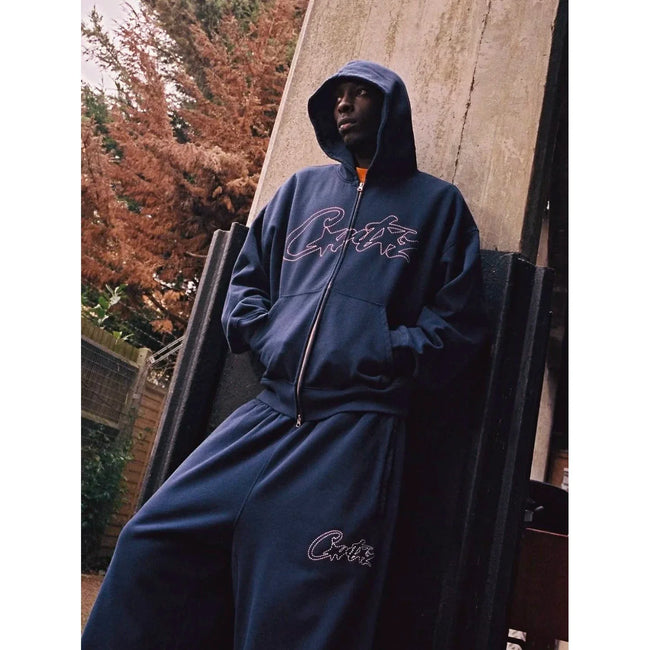 Corteiz Vibe Knit Cardigan Hoodie Set – Navy Blue Main Image