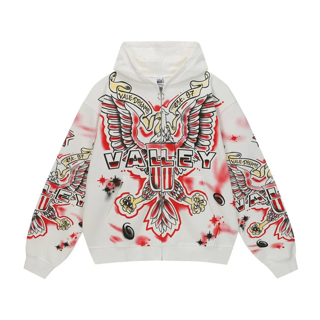 Foreign Trade Fashion Vale Retro Printed Coat High Street Trendy Casual Hip Hop Fashion Men's and Women's Hooded Cardigan Sweatshirt (3) Hover Image