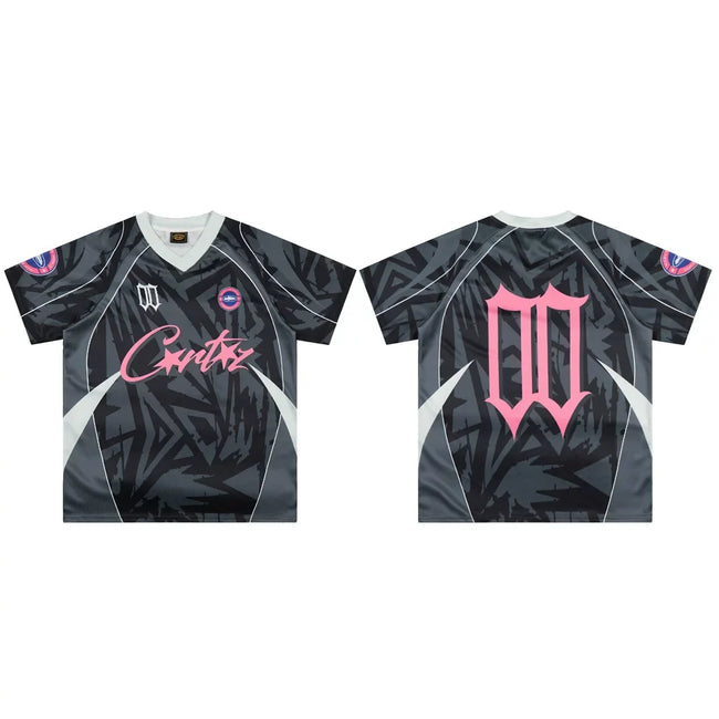 Corteiz Geometric Graphic Athletic Jersey T-Shirt - Black/Grey/Pink Hover Image