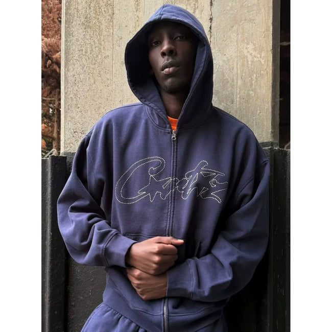 Corteiz Vibe American Street Hip Hop Embroidered Velvet Knitted Cardigan Hoodie Sportswear Men's Trendy Set Coat Hover Image
