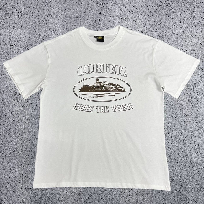 Corteiz "Rules The World" Brown Print White T-Shirt Hover Image