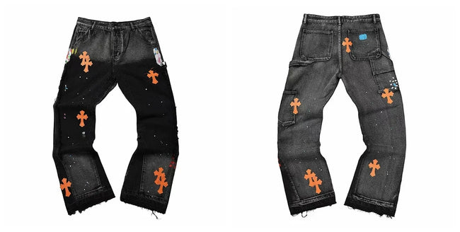 Gallery Dept Black Orange Cross Embroidered Jeans Hover Image