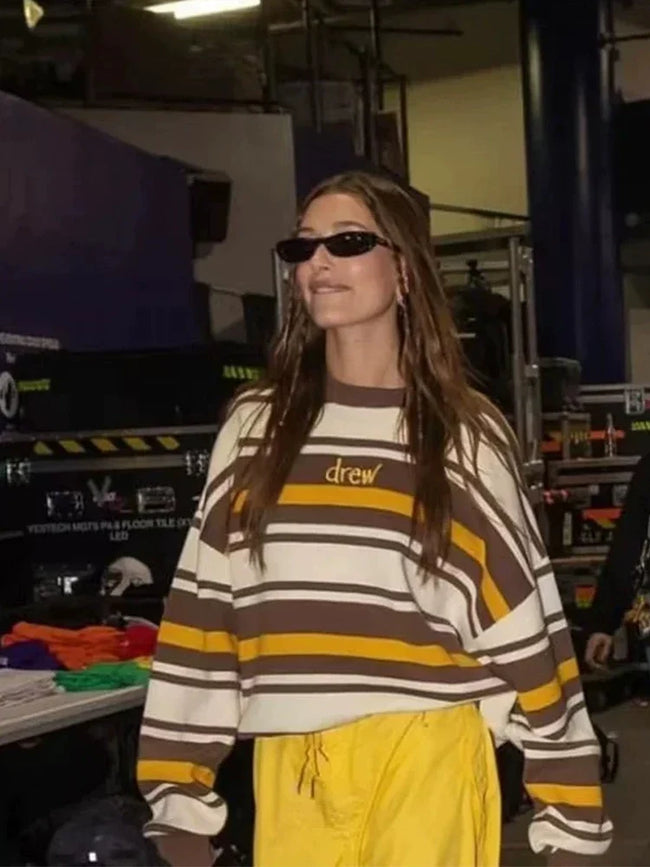 Drew Contrast-Stripe Smiley Graphic Oversized Knit Sweater Main Image